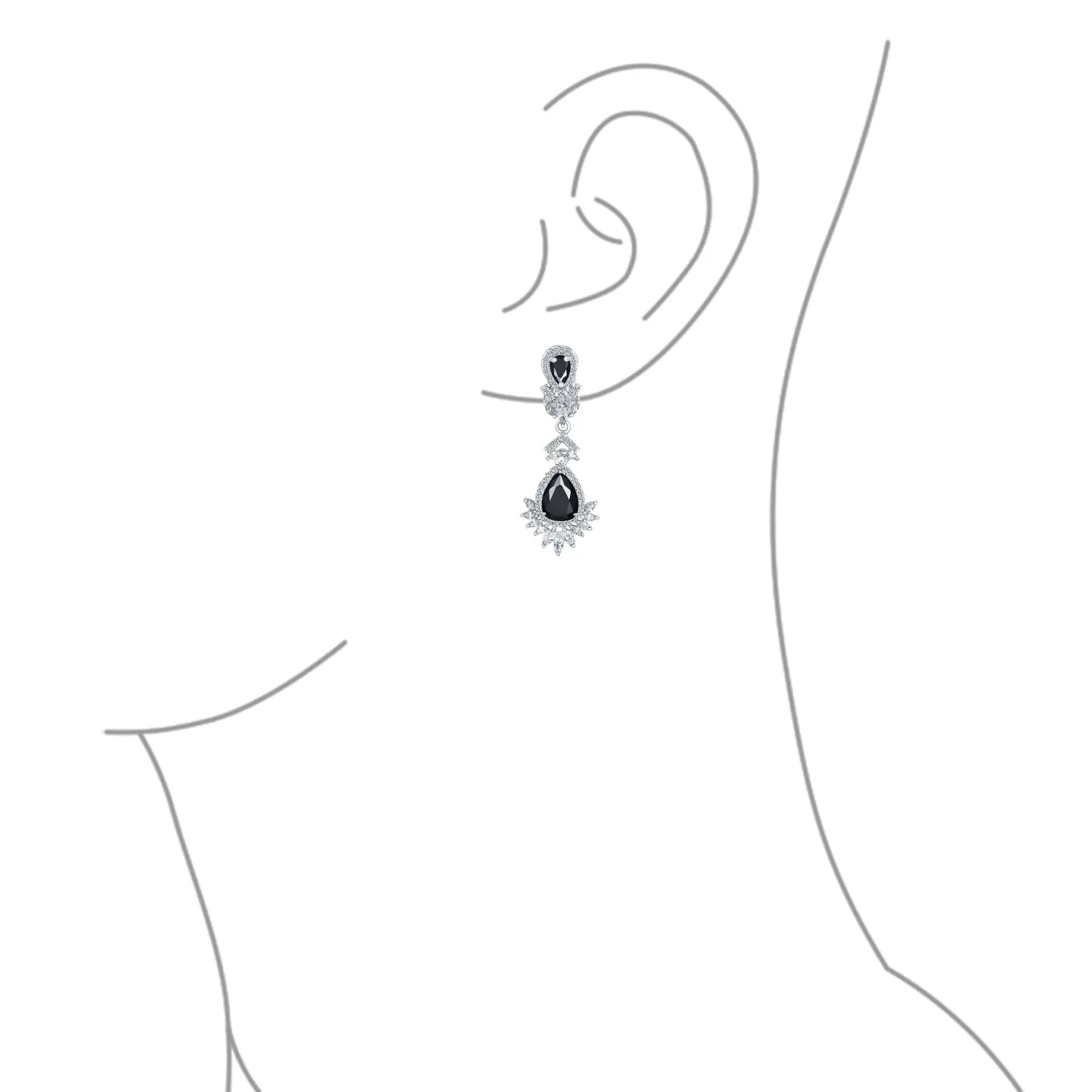 Bridal Black Onyx CZ Chandelier Clip-On Earrings Vintage Art Deco Style