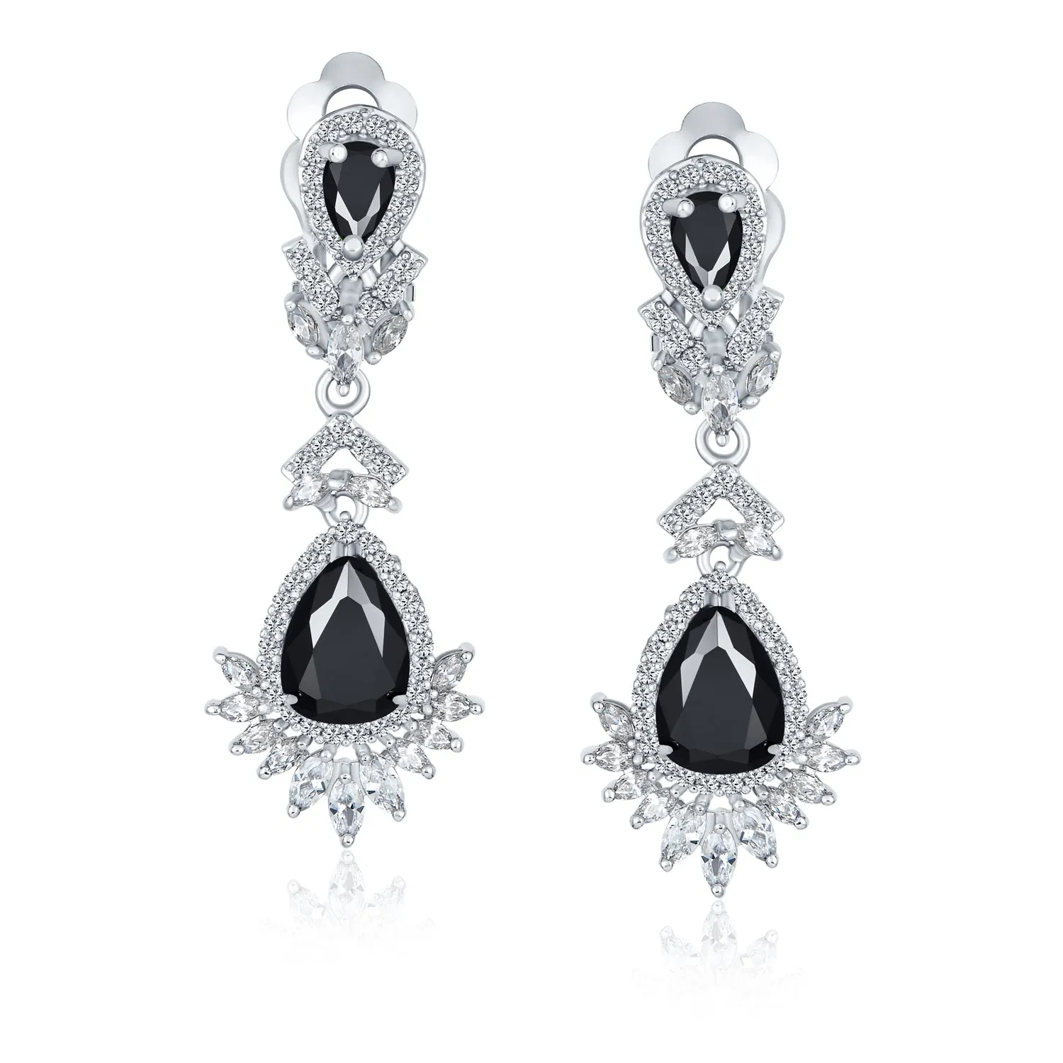 Bridal Black Onyx CZ Chandelier Clip-On Earrings Vintage Art Deco Style