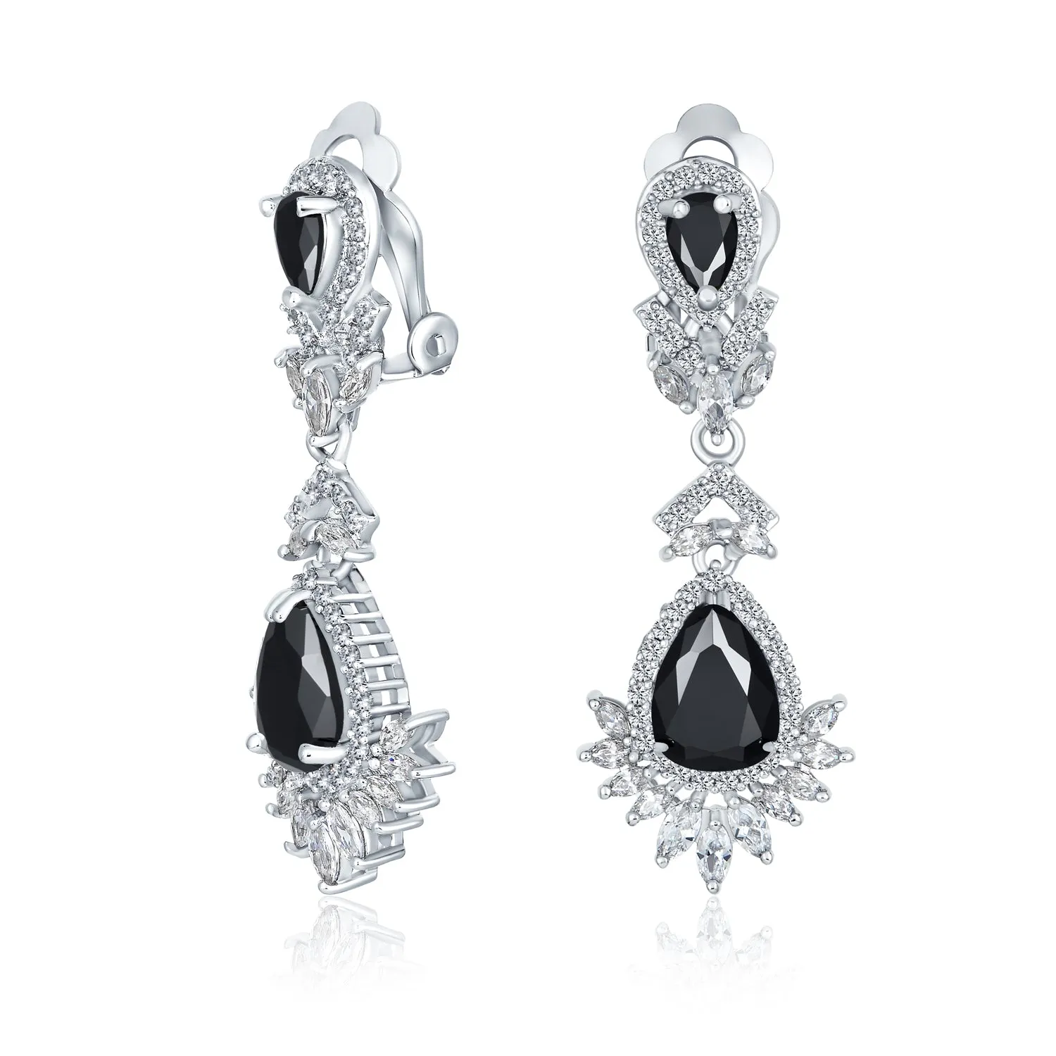 Bridal Black Onyx CZ Chandelier Clip-On Earrings Vintage Art Deco Style
