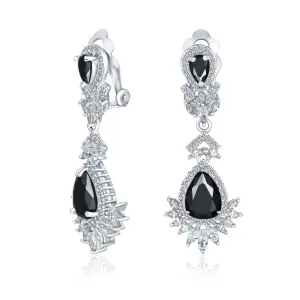 Bridal Black Onyx CZ Chandelier Clip-On Earrings Vintage Art Deco Style