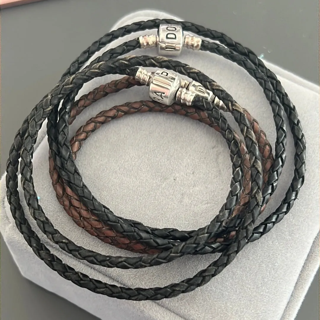 Bundle of 3 Leather Bracelets Tan Brown and Black