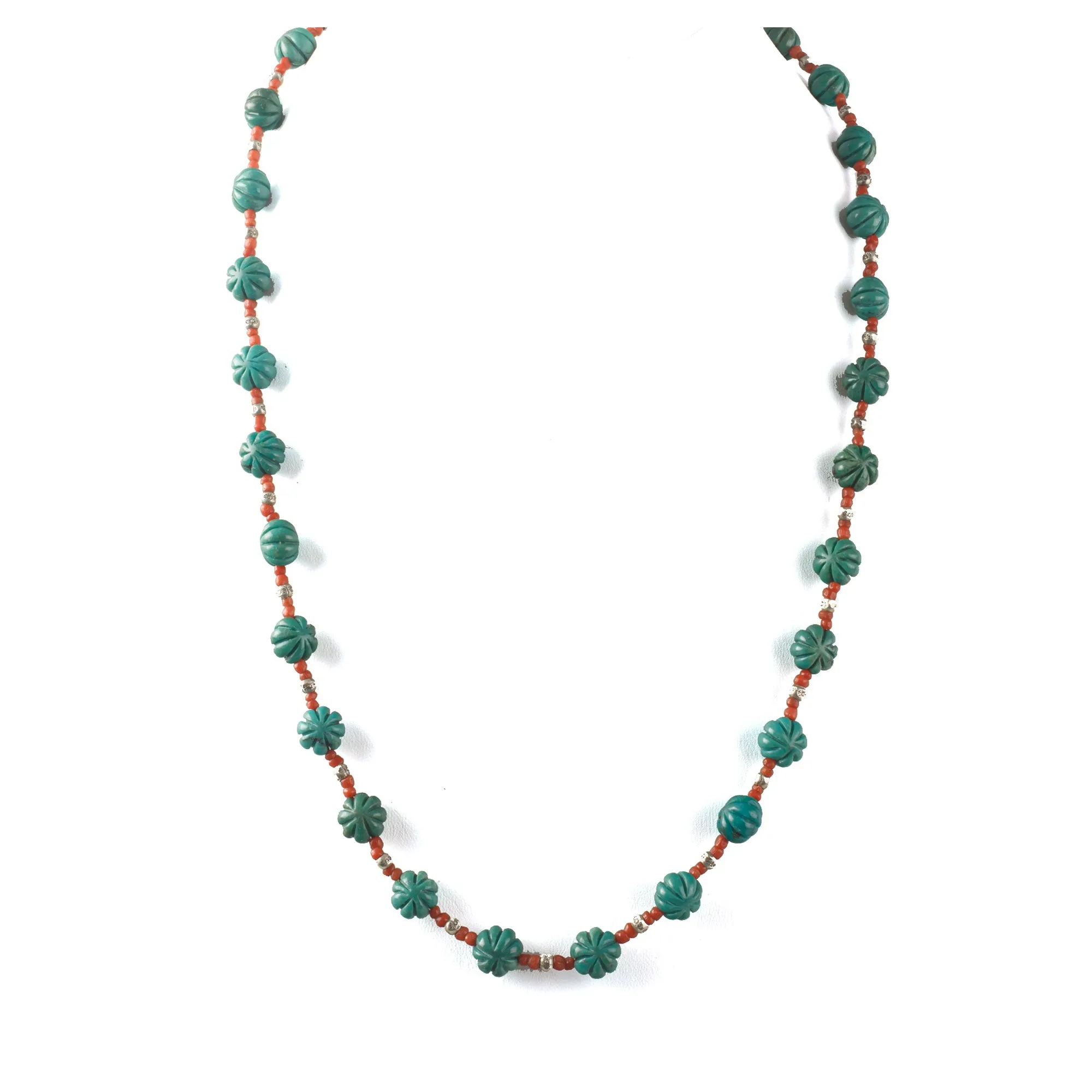 Carved Chrysocolla, Mediterranean Coral and Silver, 24" Necklace. nlgm001