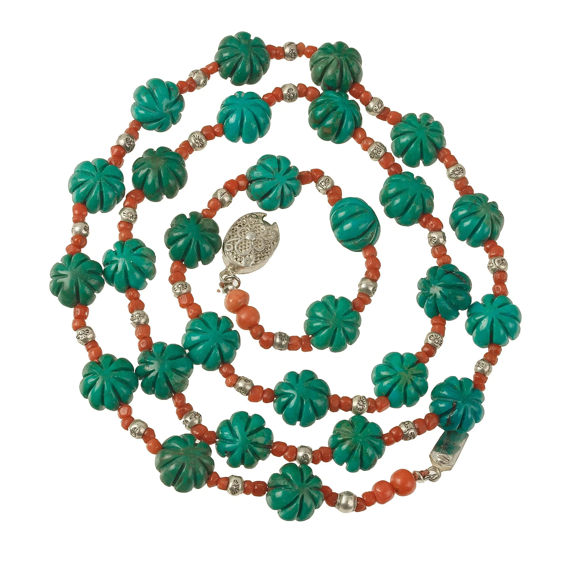 Carved Chrysocolla, Mediterranean Coral and Silver, 24" Necklace. nlgm001