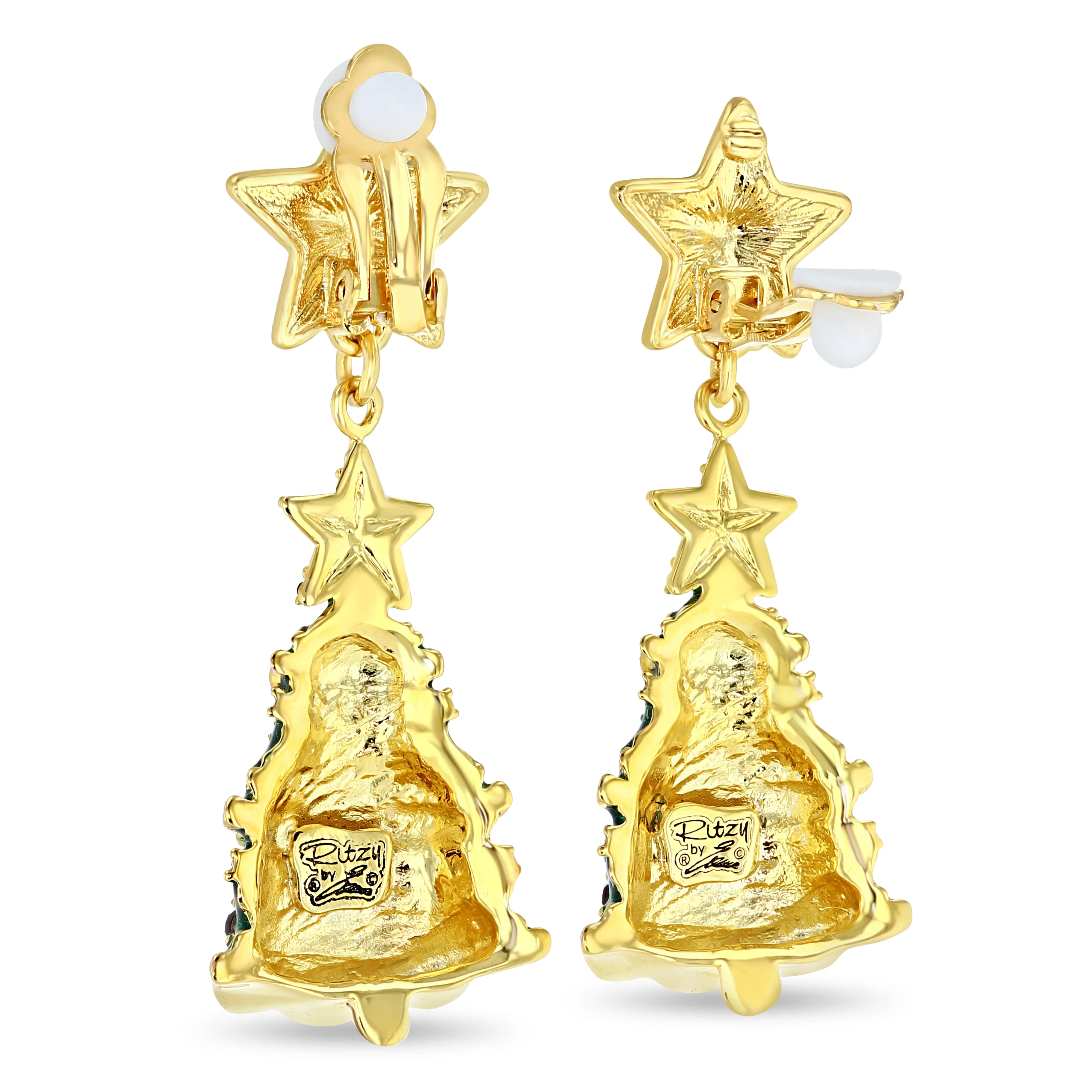 Christmas Tree Earrings with Sparkling Stars by Ritzy Couture DeLuxe - 22k Gold Plated