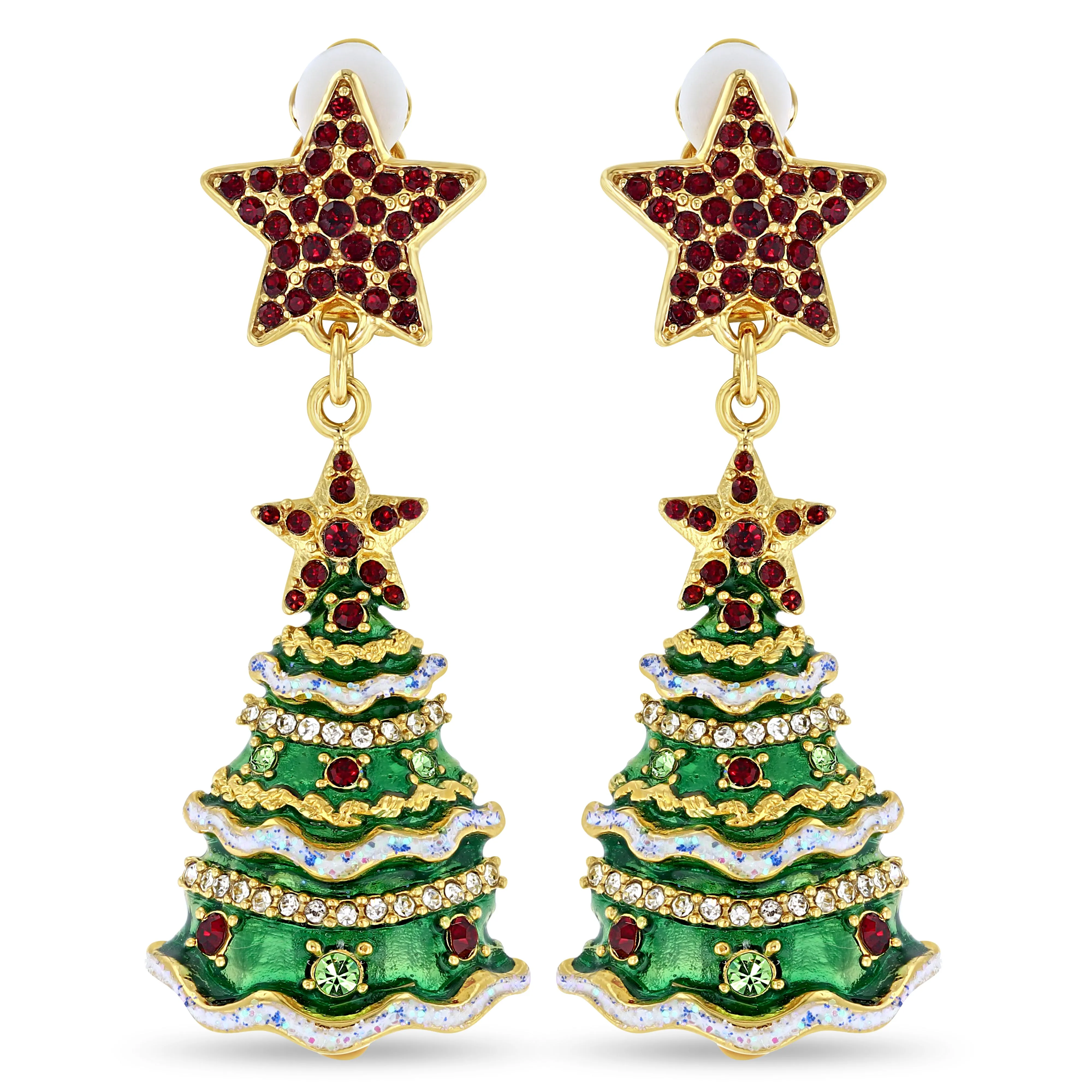 Christmas Tree Earrings with Sparkling Stars by Ritzy Couture DeLuxe - 22k Gold Plated