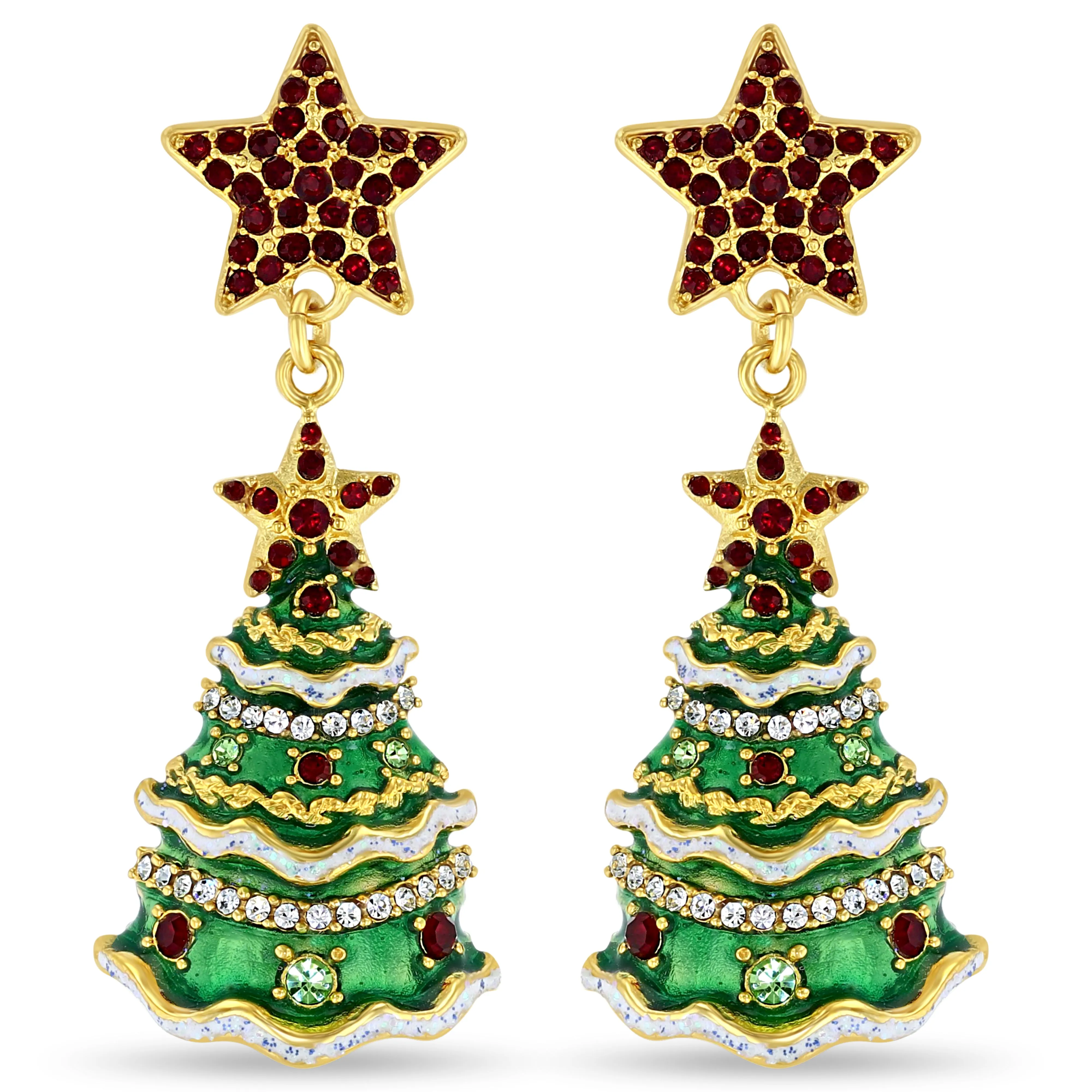 Christmas Tree Earrings with Sparkling Stars by Ritzy Couture DeLuxe - 22k Gold Plated