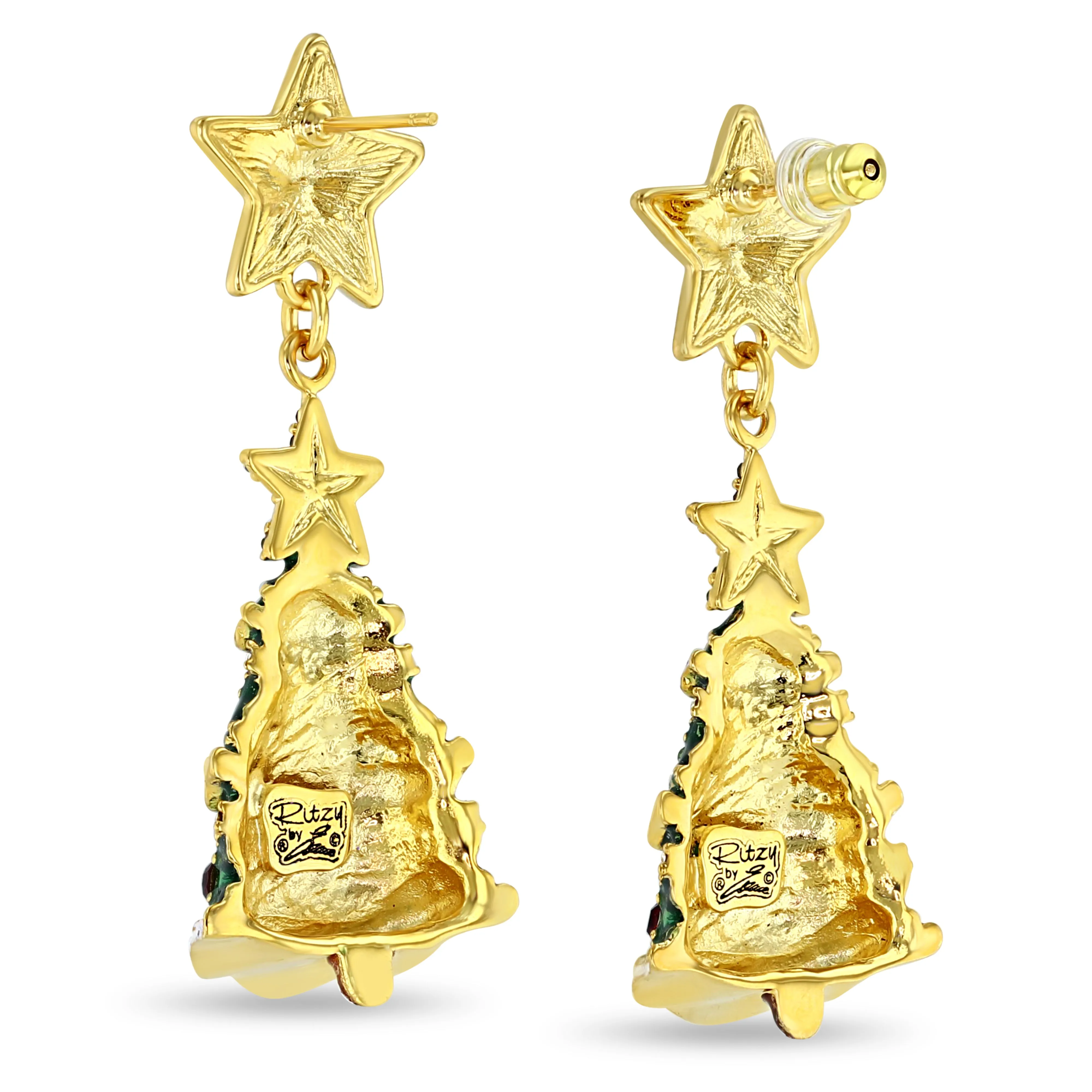 Christmas Tree Earrings with Sparkling Stars by Ritzy Couture DeLuxe - 22k Gold Plated