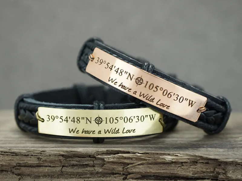 Coordinates Couple Bracelets, Customized Matching Leather Bracelets