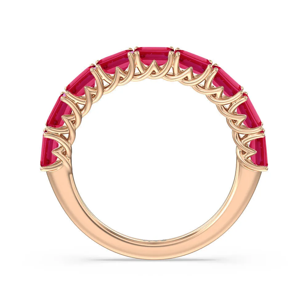 Created Ruby Emerald East-West Modern Trellis Anniversary Ring