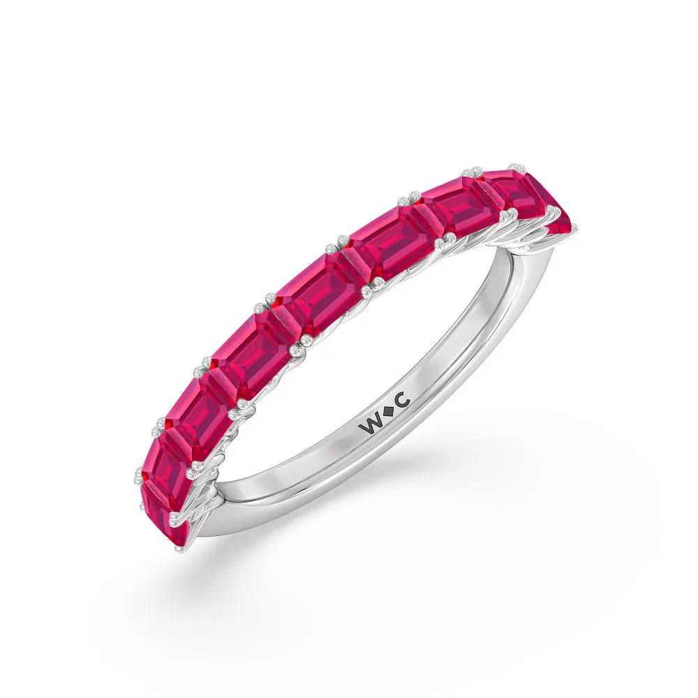 Created Ruby Emerald East-West Modern Trellis Anniversary Ring