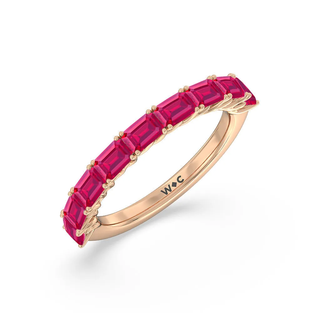 Created Ruby Emerald East-West Modern Trellis Anniversary Ring