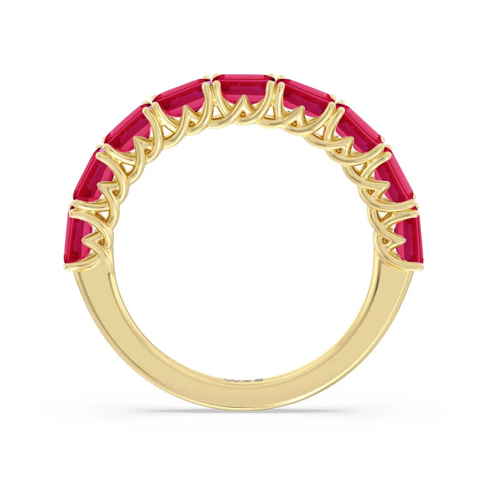 Created Ruby Emerald East-West Modern Trellis Anniversary Ring