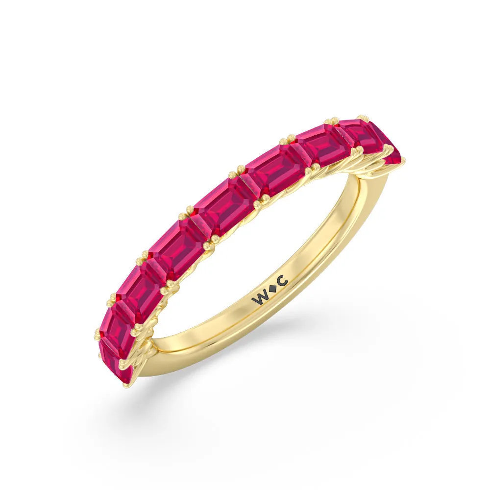 Created Ruby Emerald East-West Modern Trellis Anniversary Ring