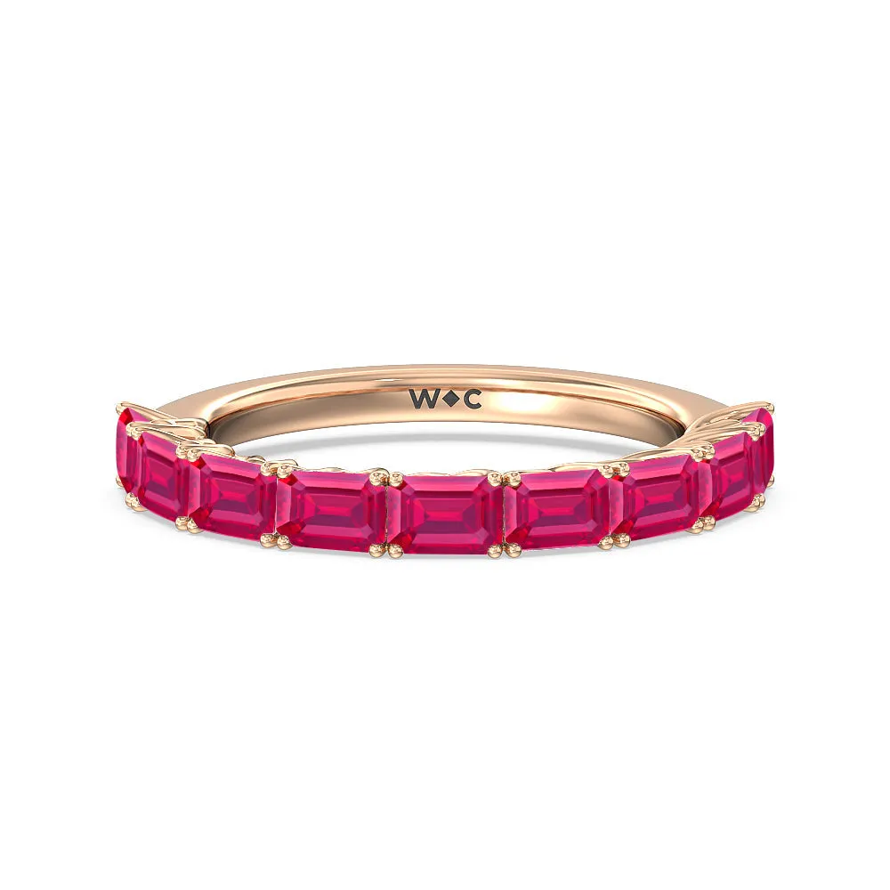 Created Ruby Emerald East-West Modern Trellis Anniversary Ring