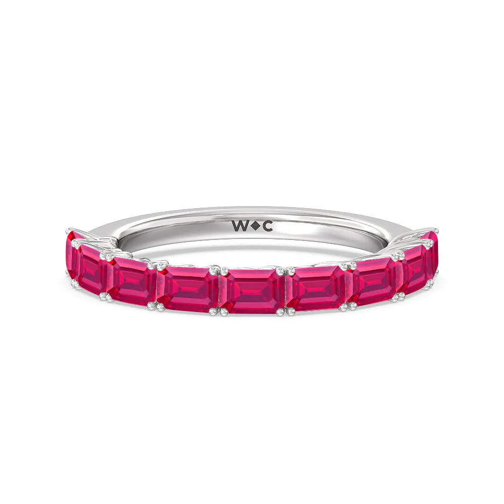 Created Ruby Emerald East-West Modern Trellis Anniversary Ring