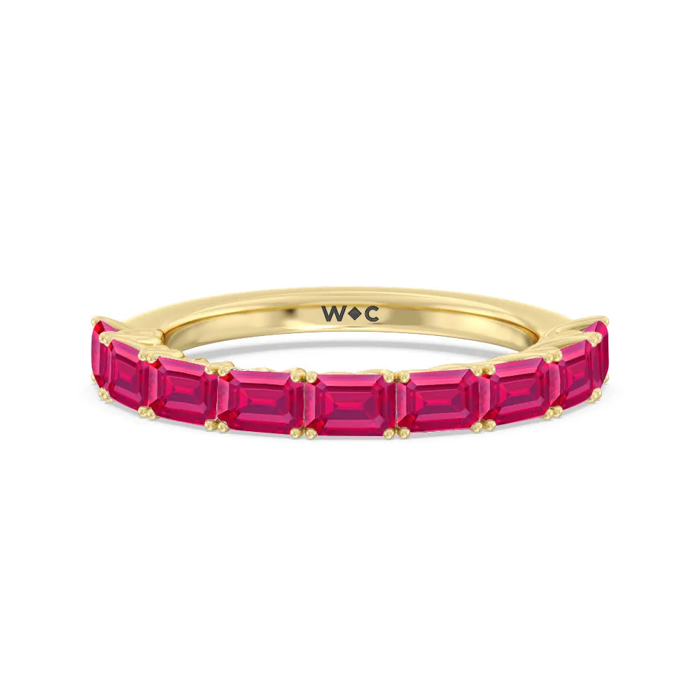 Created Ruby Emerald East-West Modern Trellis Anniversary Ring