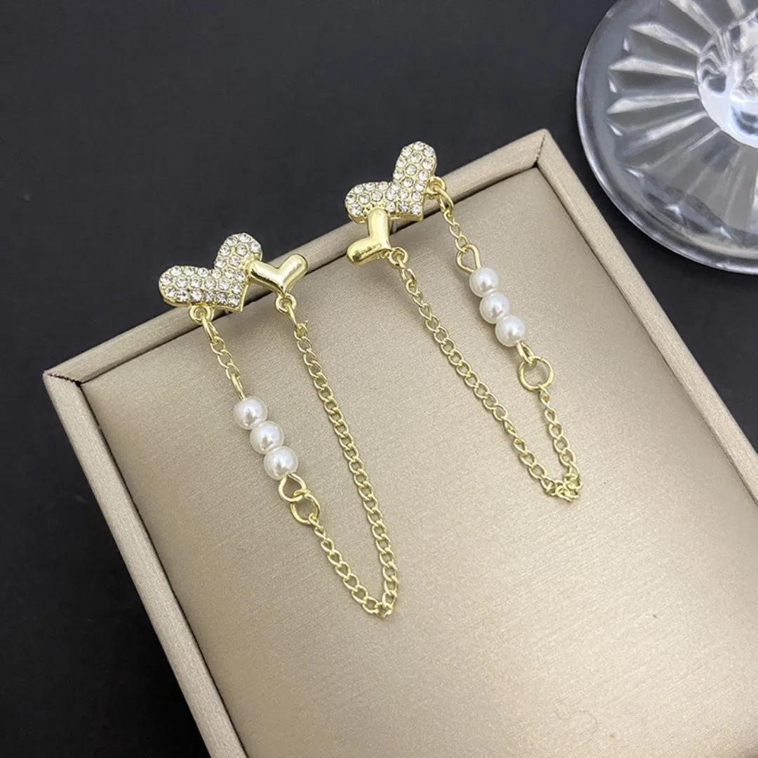 Crystal Heart Pearl Long Chain Tassel Earring