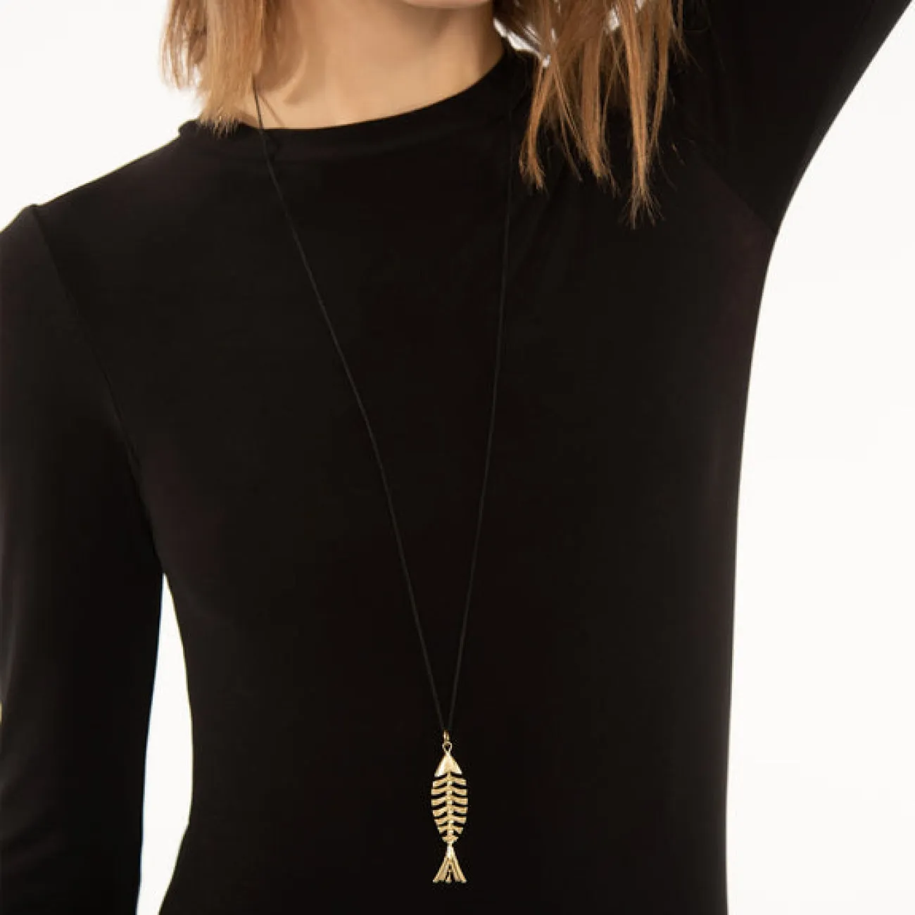 Deco 18K Yellow Gold Flexible Fish Charm on Black Cable Necklace