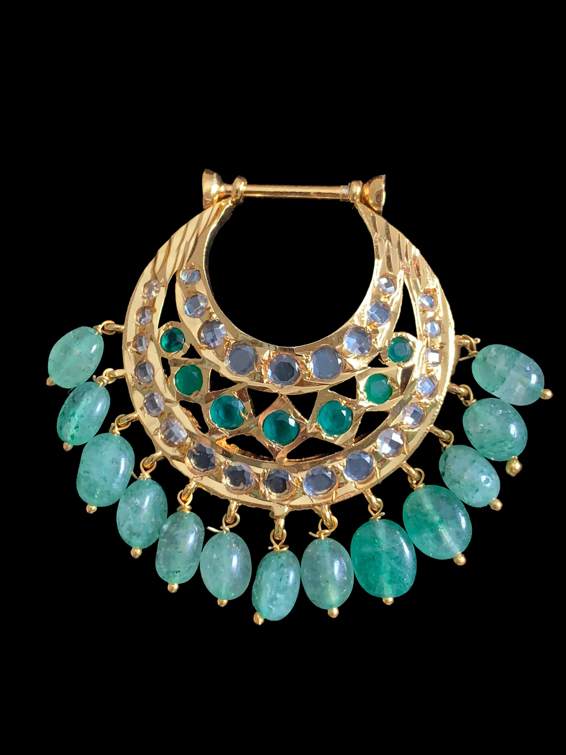 DER355 Yeshma gold  plated chandbali with emerald  beads READY TO SHIP)   )