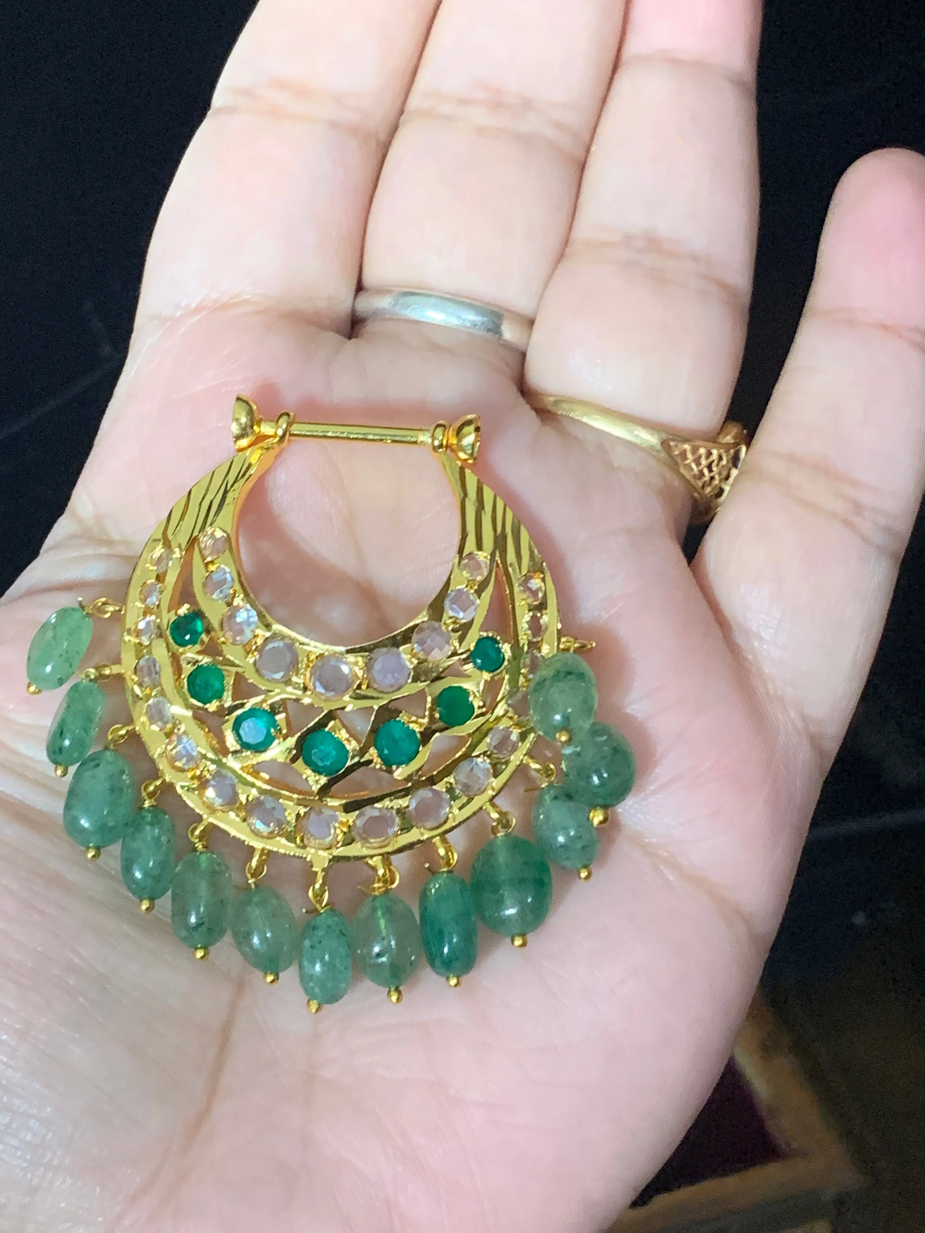 DER355 Yeshma gold  plated chandbali with emerald  beads READY TO SHIP)   )