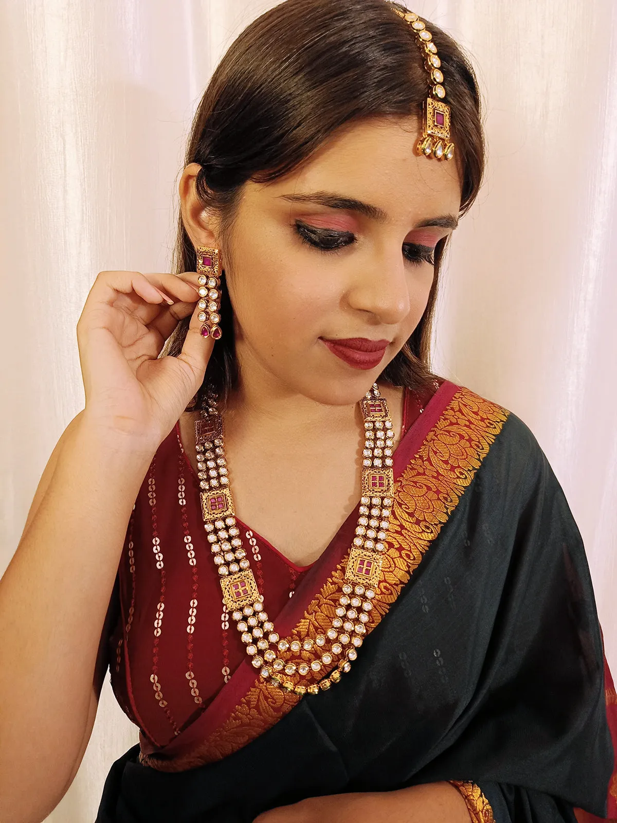 Designer Gold Plated Royal Kundan & Ruby Necklace with Earrings (D406)