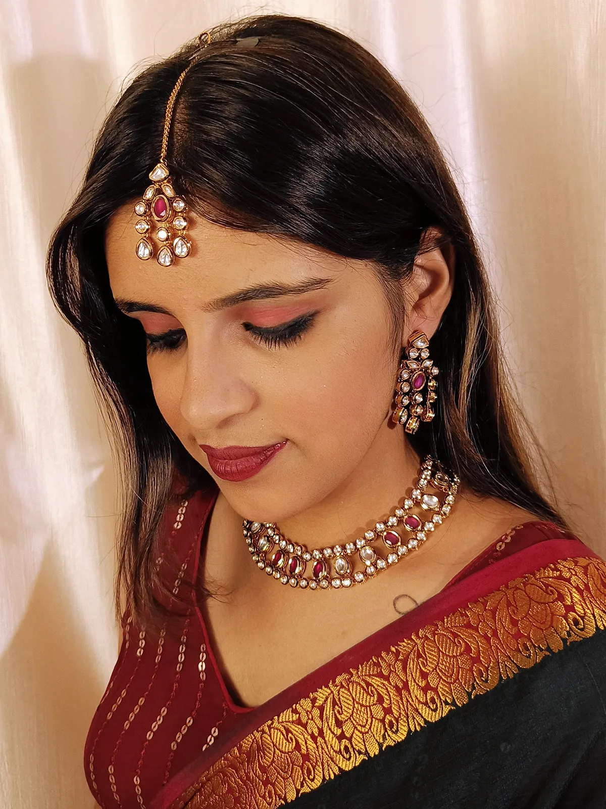 Designer Gold Plated Royal Kundan & Ruby Necklace with Earrings (D410)