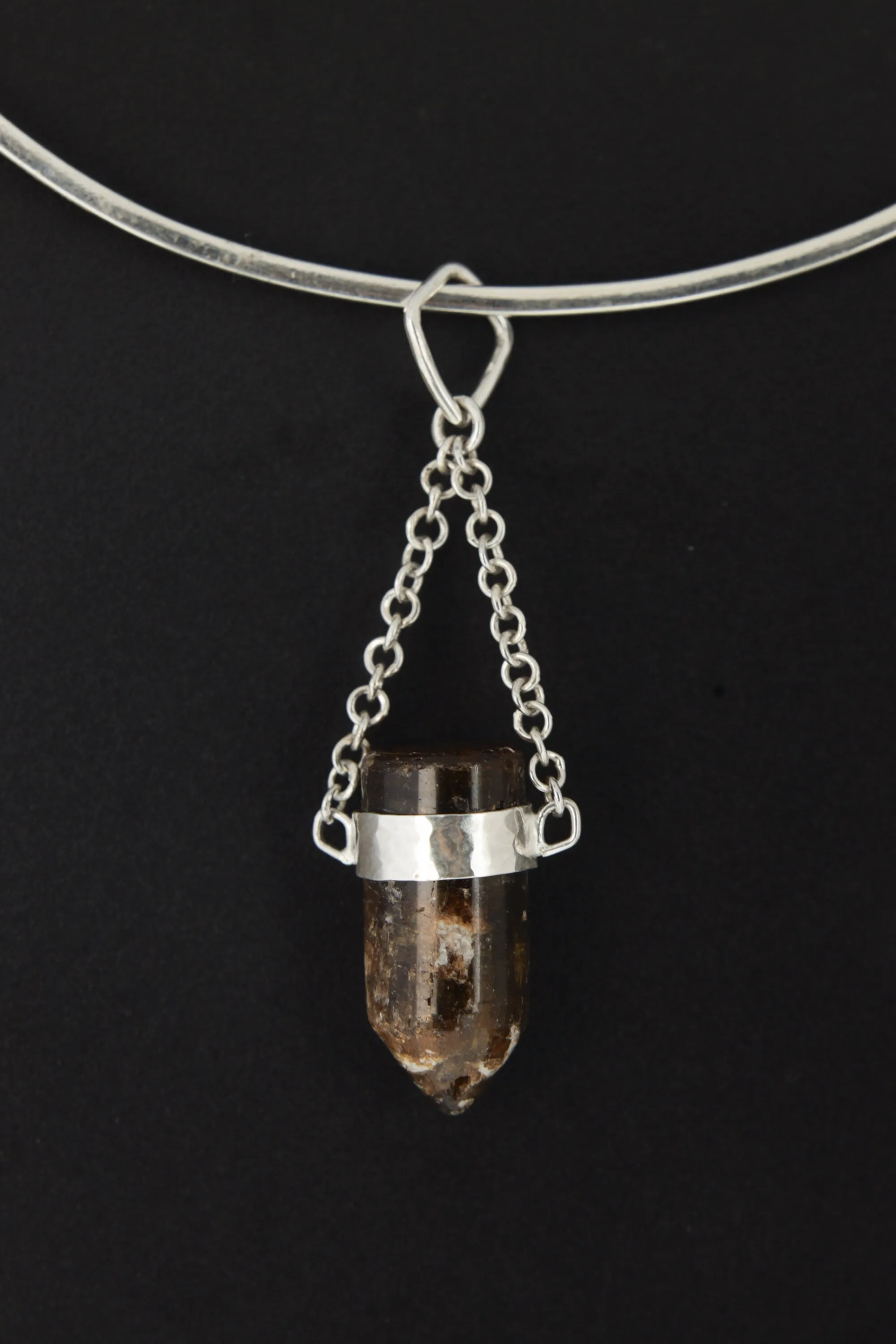 Earthen Bullet Brown Tourmaline - Sterling Silver Crystal Pendant - Hammered Textured & High Polish Finish - NO/01
