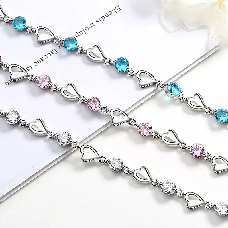 Elegant Crystal Heart 925 Sterling Silver Bracelets for Women Fine Charm Jewelry Accessories