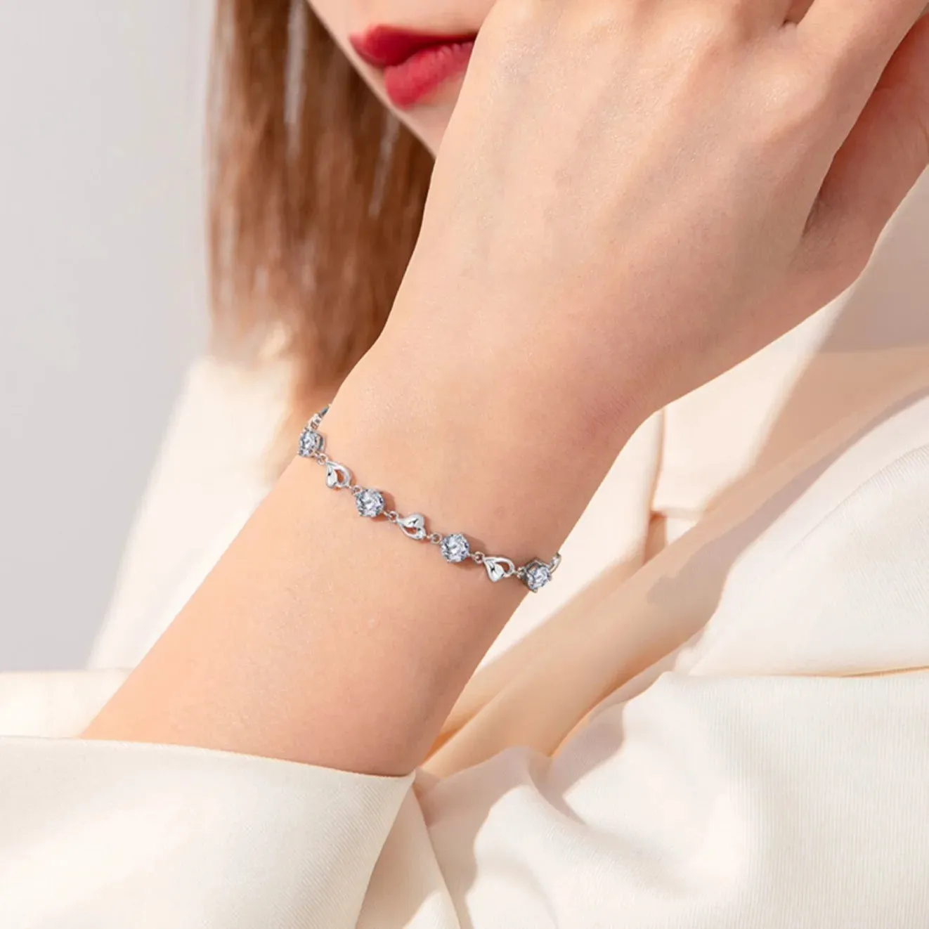 Elegant Crystal Heart 925 Sterling Silver Bracelets for Women Fine Charm Jewelry Accessories