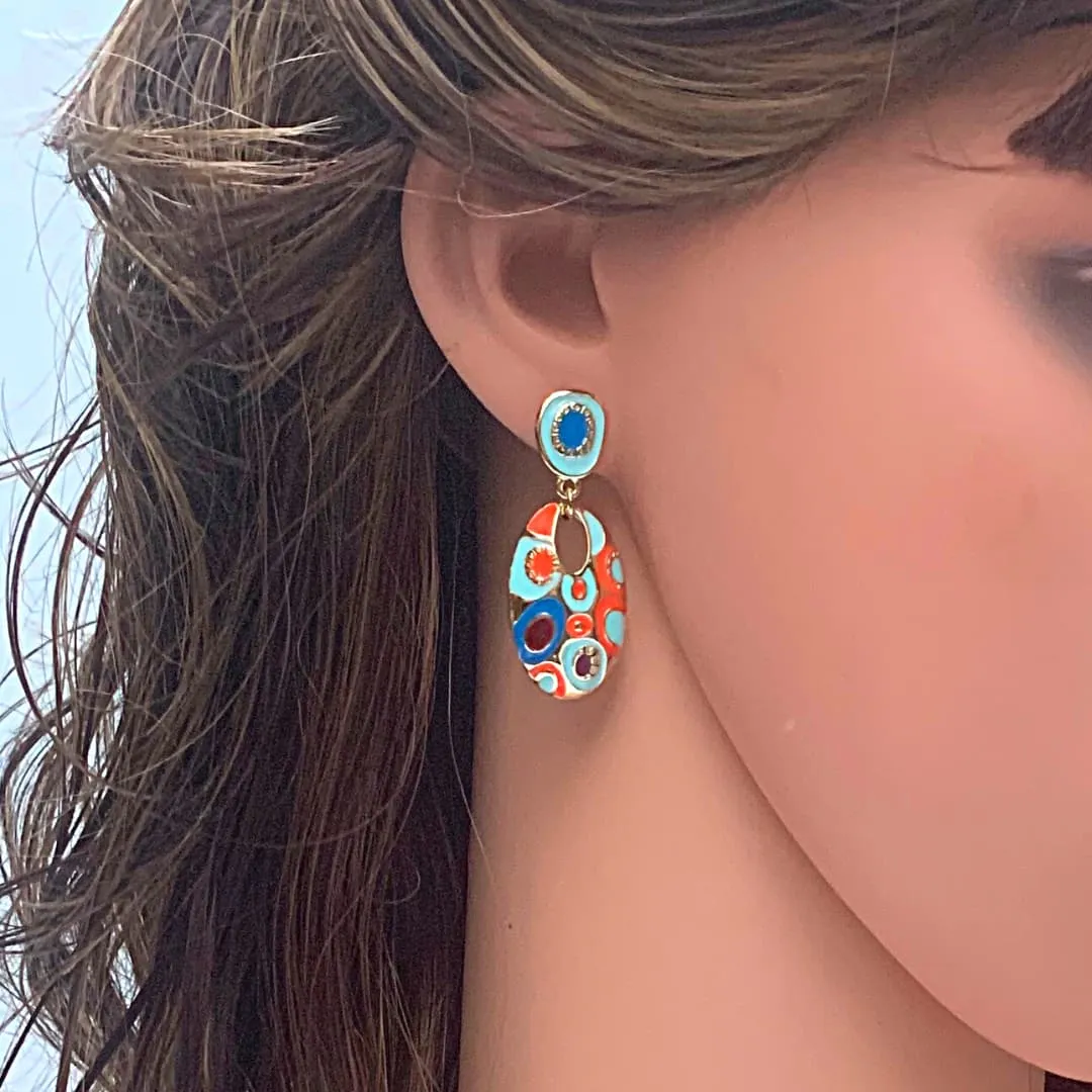 Ethnic Bohemian Oval Enamel Dangle Earrings