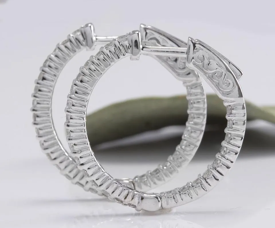 Exquisite 1.15 Carats Natural Diamond 14K Solid White Gold Hoop Earrings