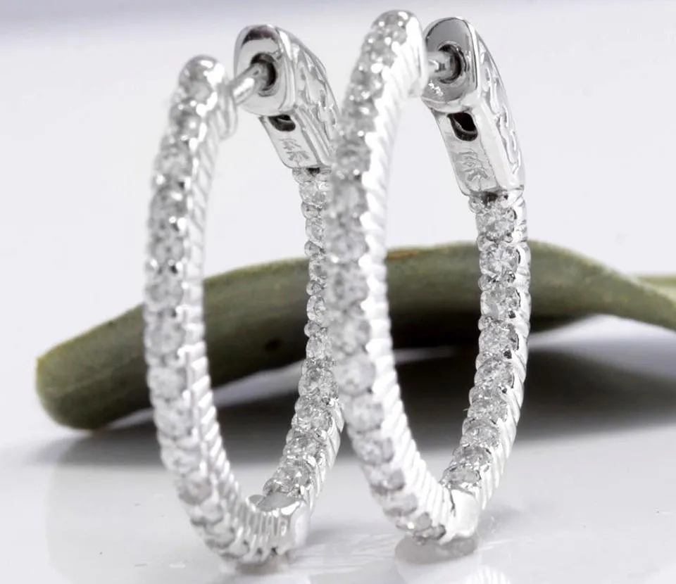 Exquisite 1.15 Carats Natural Diamond 14K Solid White Gold Hoop Earrings