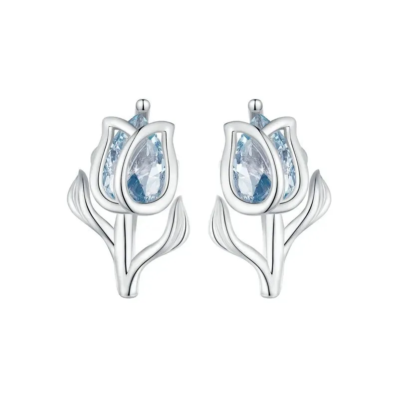 Exquisite Blue Spinel Tulip Stud Earrings