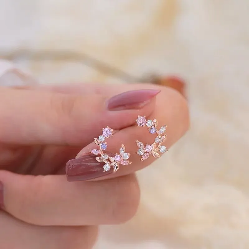 Exquisite Flower Butterfly Earrings Women Shining CZ Zircon Stud