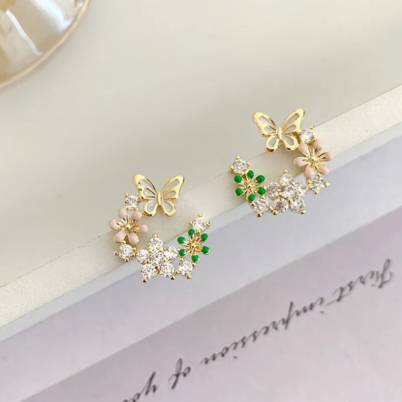 Exquisite Flower Butterfly Earrings Women Shining CZ Zircon Stud