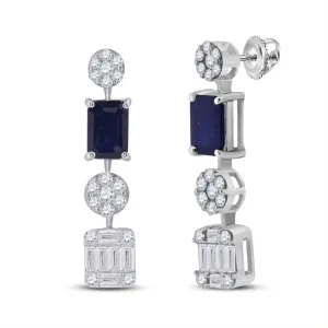 Exquisite Majesty: 14kt White Gold Womens Emerald Blue Sapphire Diamond Dangle Earrings