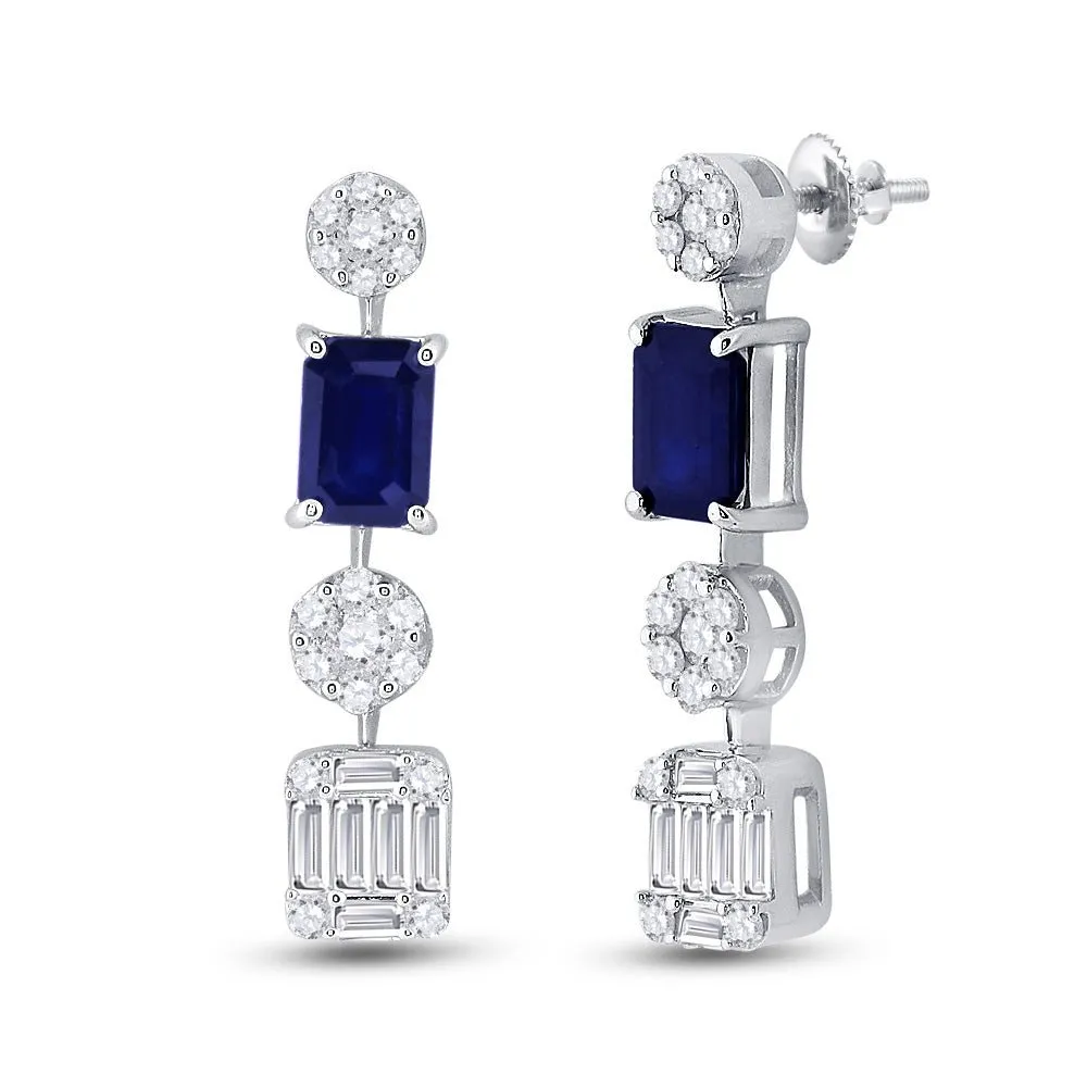 Exquisite Majesty: 14kt White Gold Womens Emerald Blue Sapphire Diamond Dangle Earrings