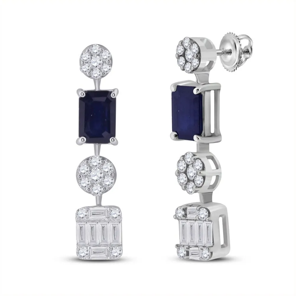 Exquisite Majesty: 14kt White Gold Womens Emerald Blue Sapphire Diamond Dangle Earrings