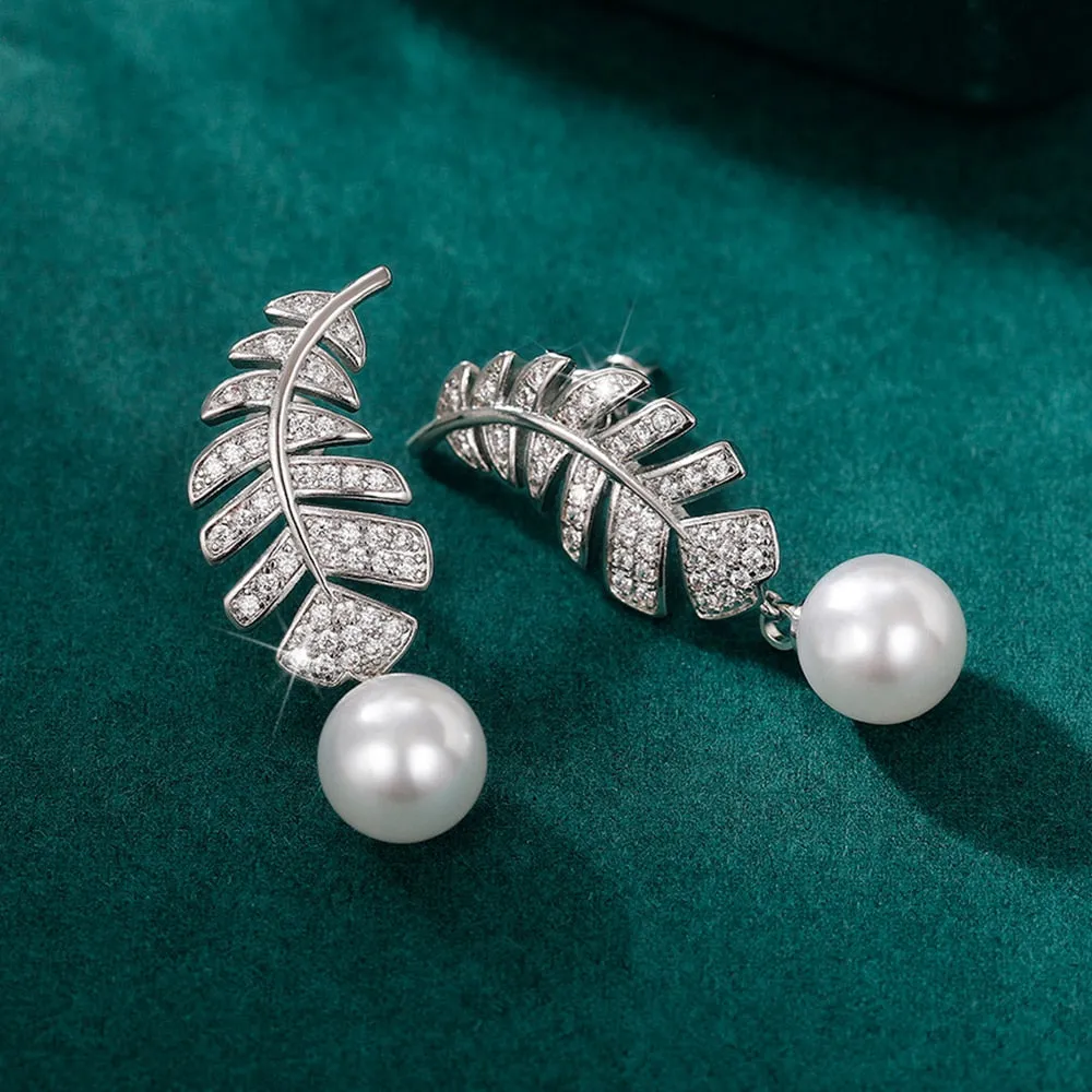 Exquisite Silver Color Feather Imitation Pearl Drop Earrings for Women