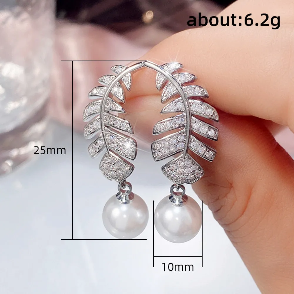 Exquisite Silver Color Feather Imitation Pearl Drop Earrings for Women