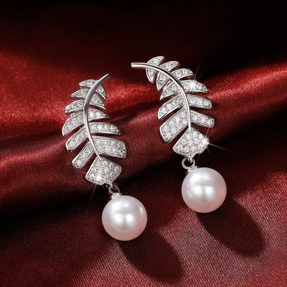 Exquisite Silver Color Feather Imitation Pearl Drop Earrings for Women
