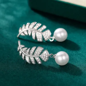 Exquisite Silver Color Feather Imitation Pearl Drop Earrings for Women