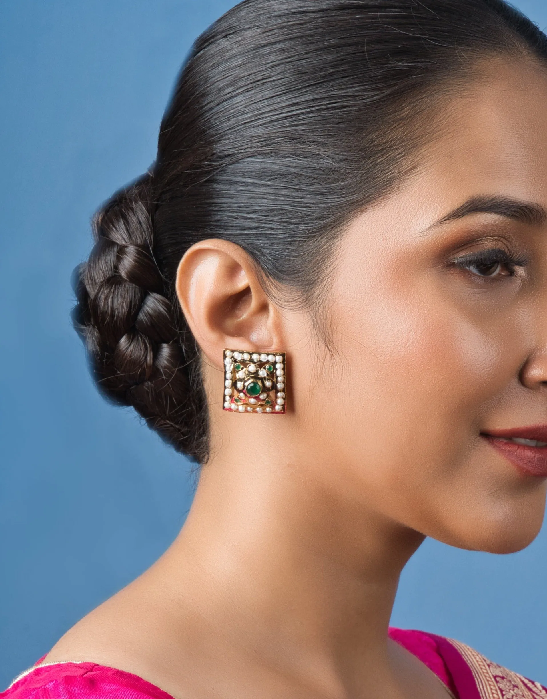 Exquisite Square Green Jadau Stud Earring