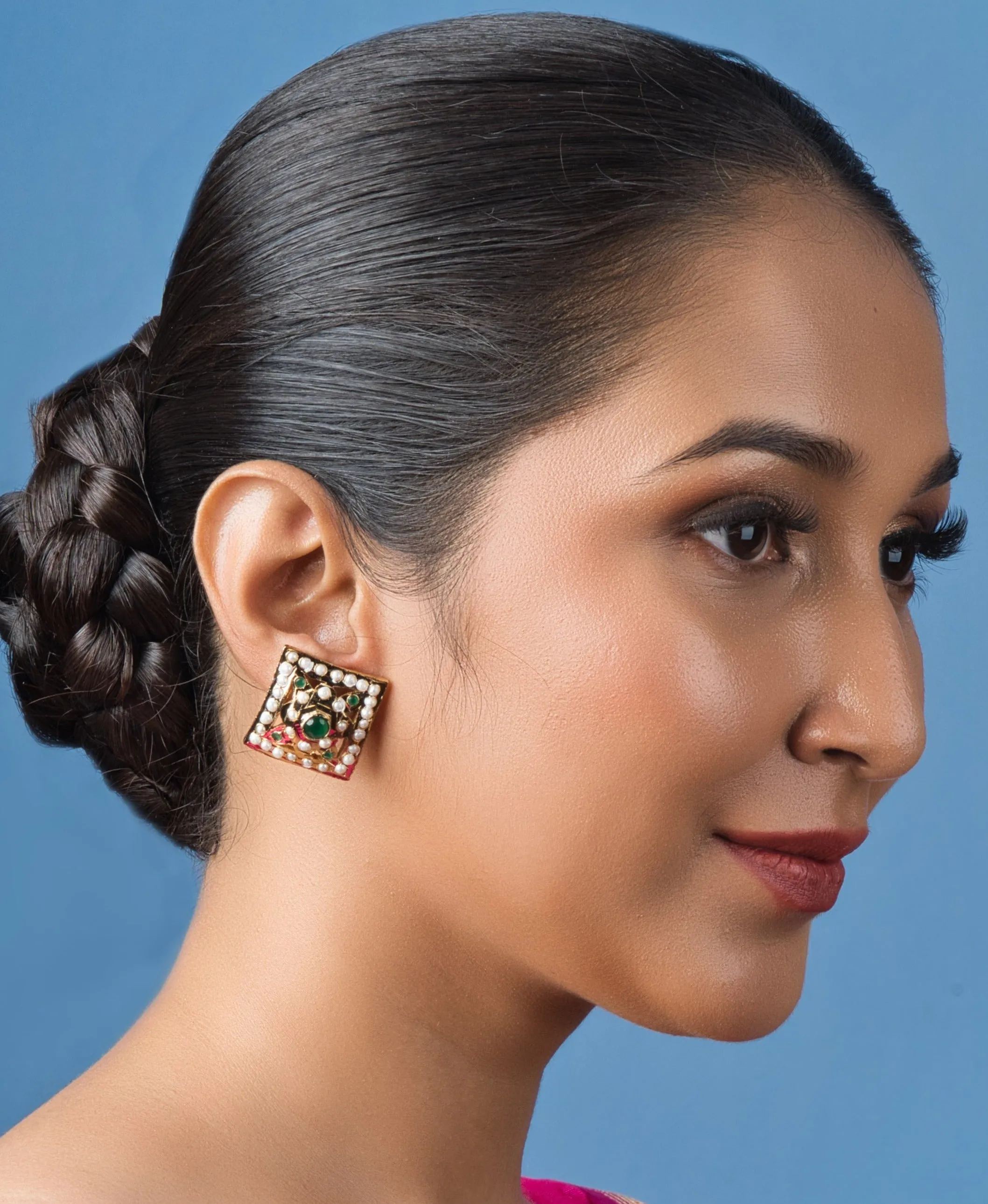 Exquisite Square Green Jadau Stud Earring
