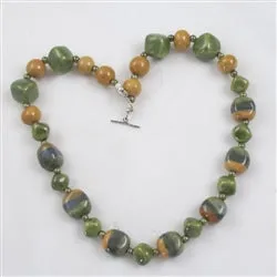 Fair Trade Bead Green & Mustard Cube Kazuri Necklace