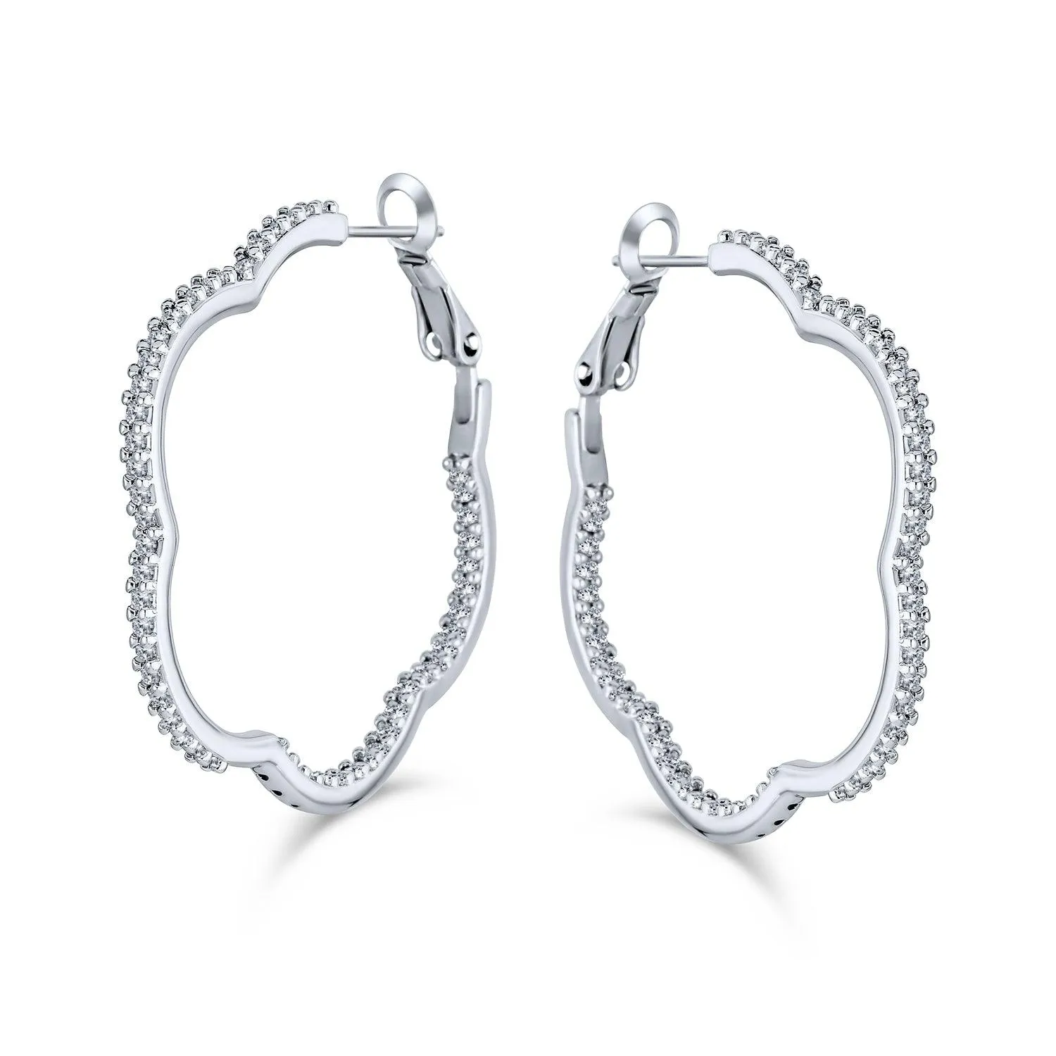 Flower Shaped Pave CZ Hoop Earrings 14k Gold Silver Plated 1.5 Inch Diameter