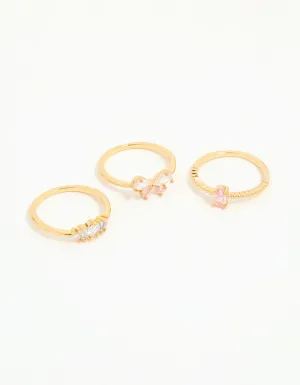 Gold Plated Pink Cubic Zirconia Bow Rings 3-Pack