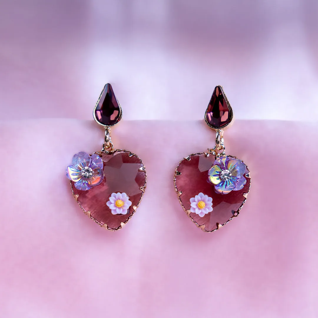 Gold Plated Purple Heart Rhinestone Flower Earring