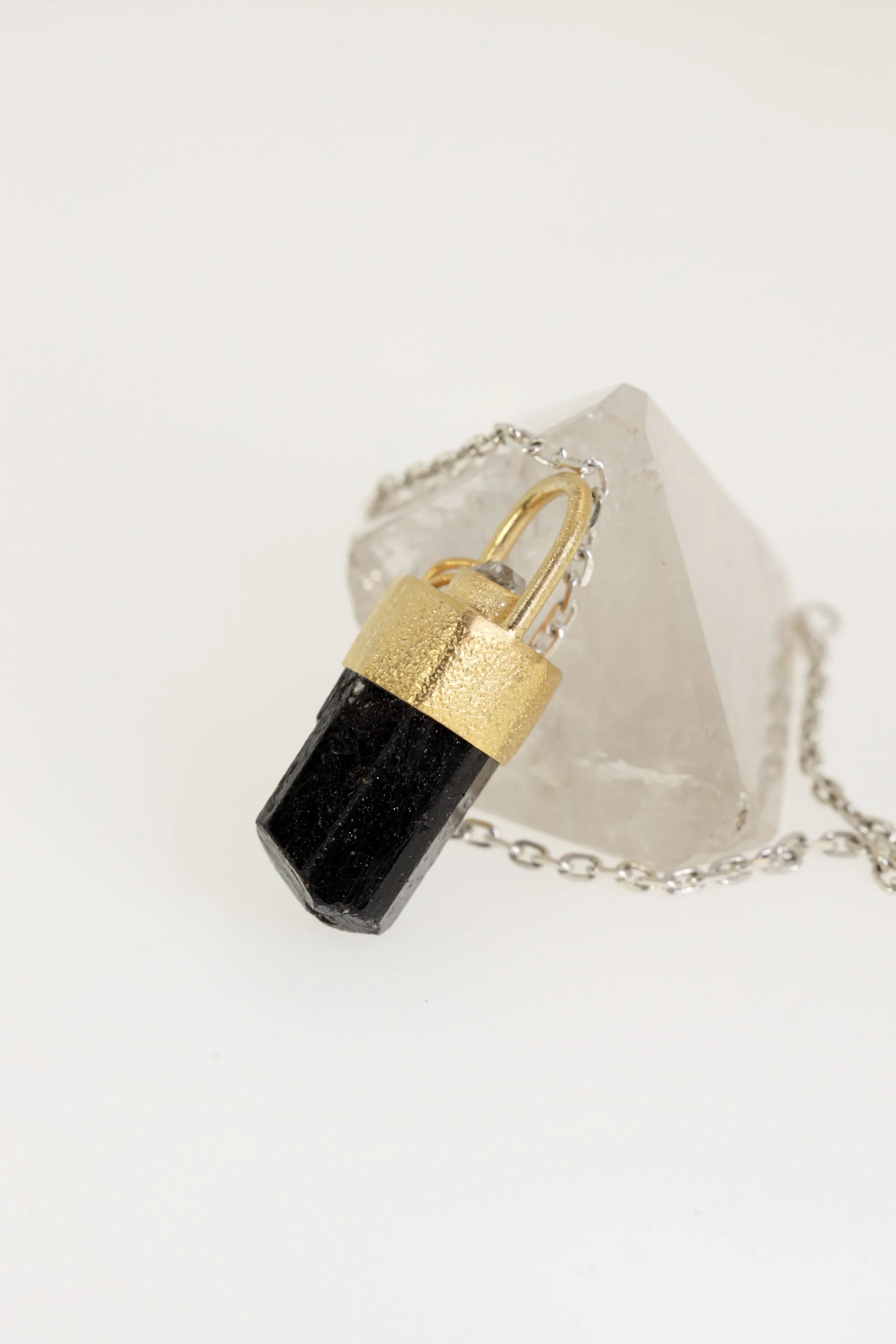 Gold-plated sterling Silver Pendant with Himalayan Terminated Brown Dravite Tourmaline & Herkimer Diamond, Sand Texture Finish,Unique Gift