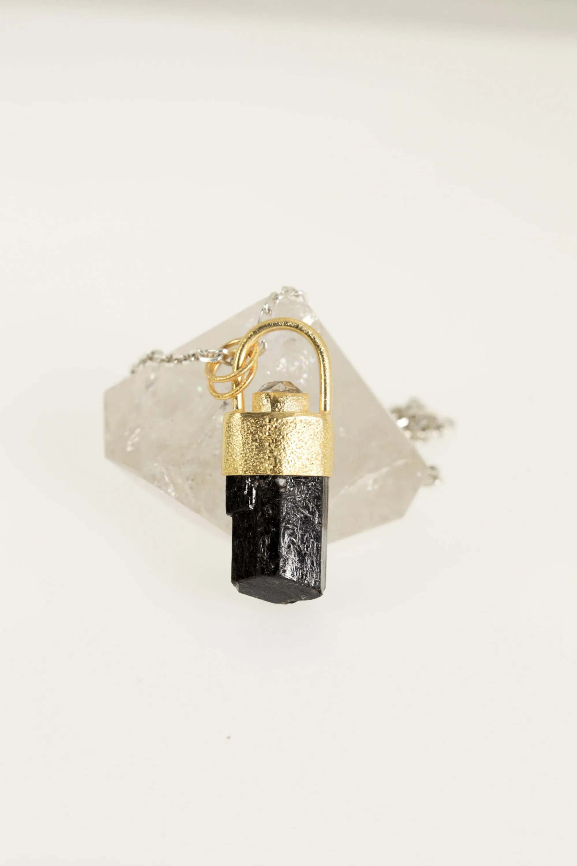 Gold-plated sterling Silver Pendant with Himalayan Terminated Brown Dravite Tourmaline & Herkimer Diamond, Sand Texture Finish,Unique Gift